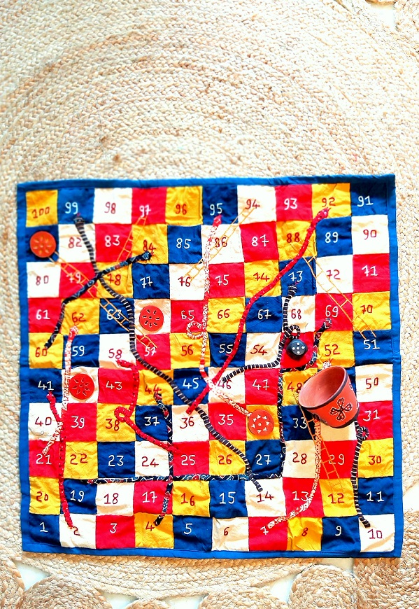 Saap Seedi Blue Board Game Patchwork Kutch Hand Embroidery 